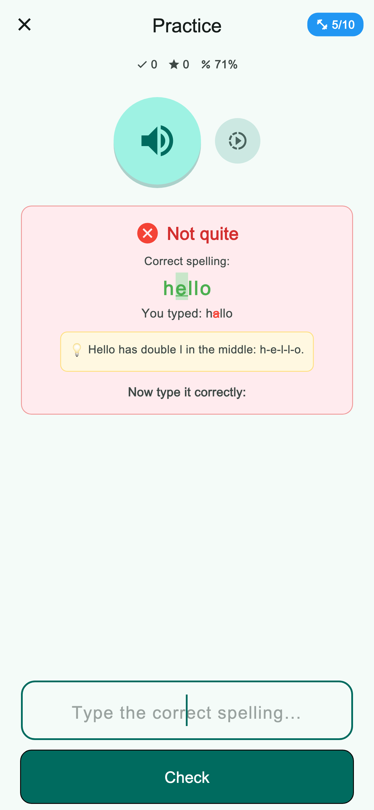Instant spelling feedback with a tip