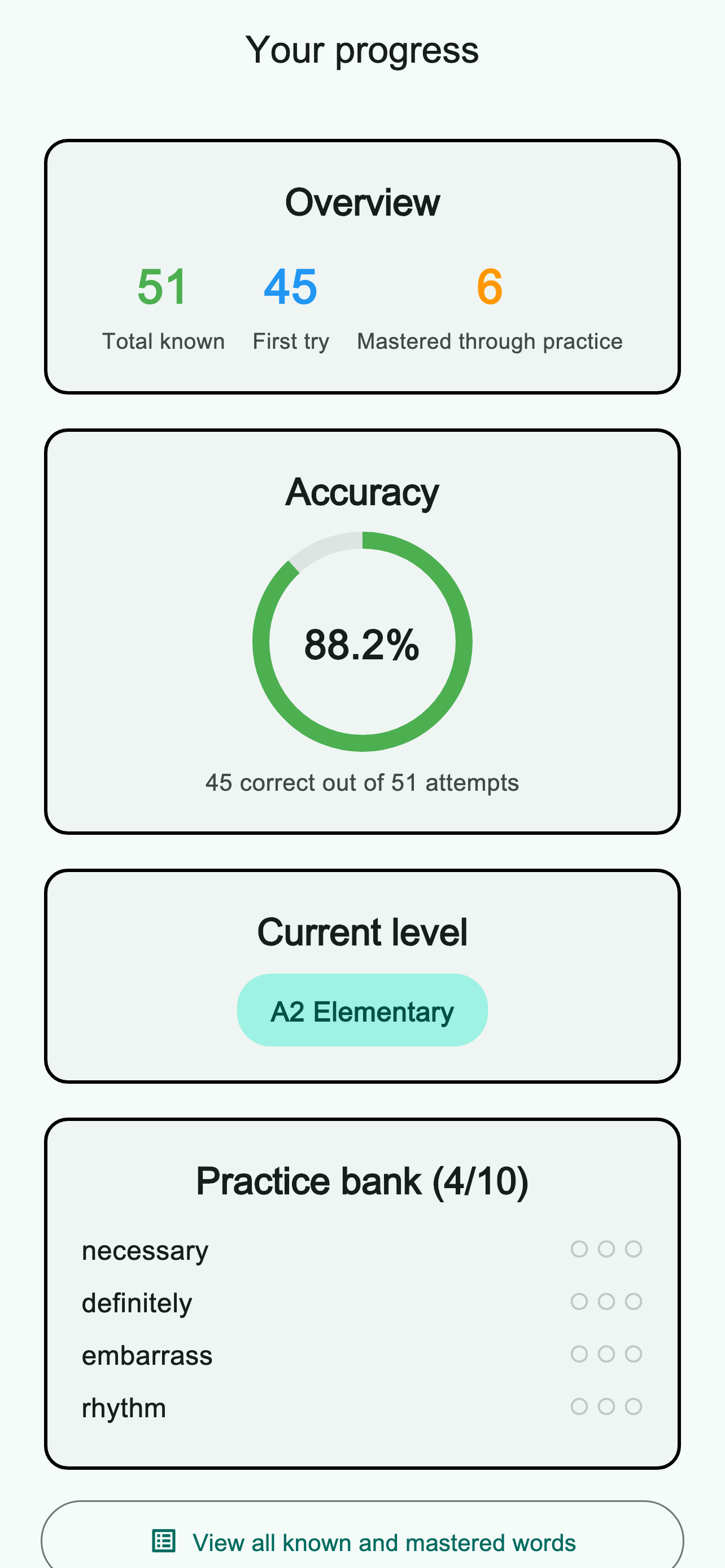 Accuracy and mastered words statistics