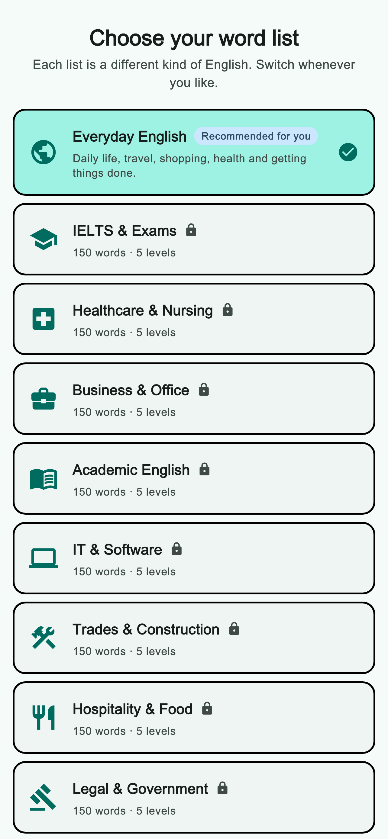 Specialist English word list selection