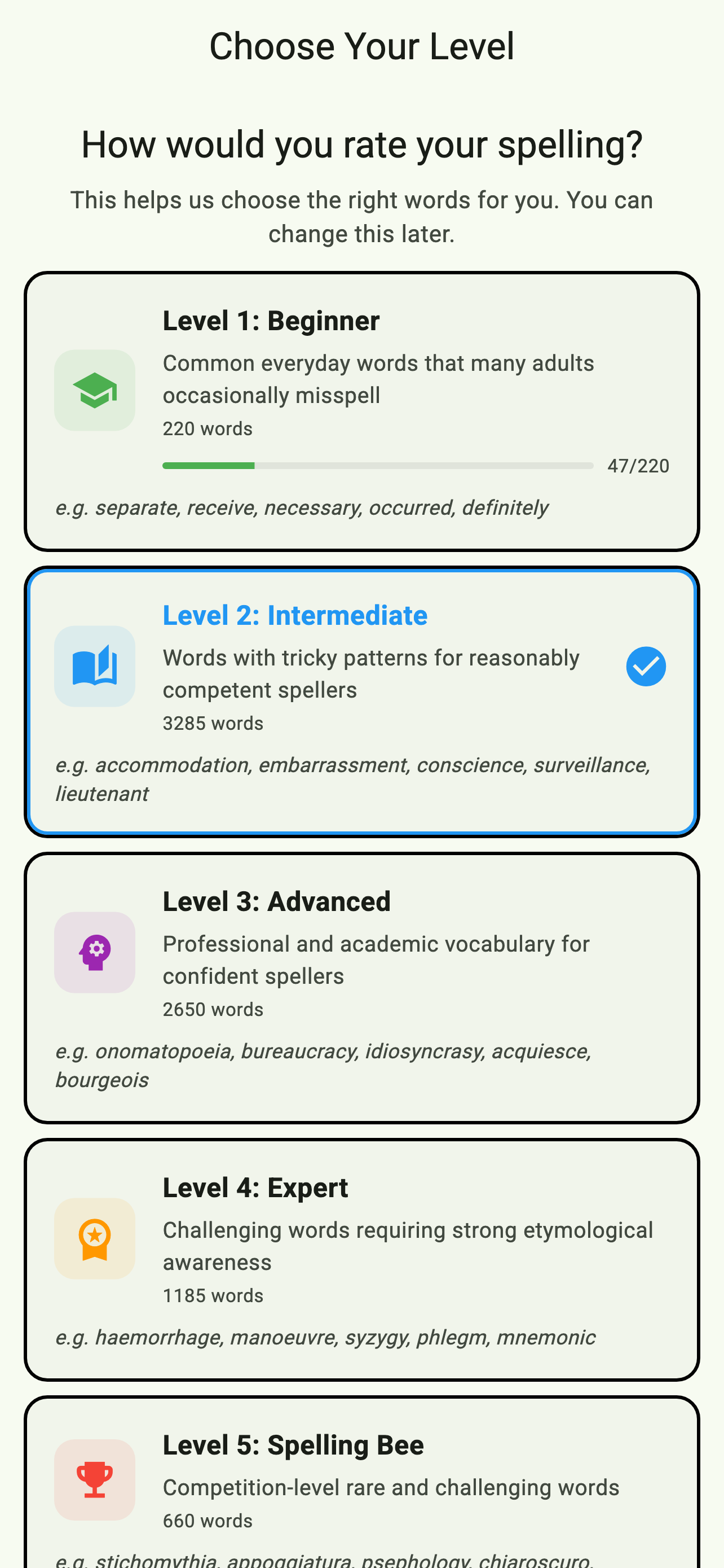 Level selection