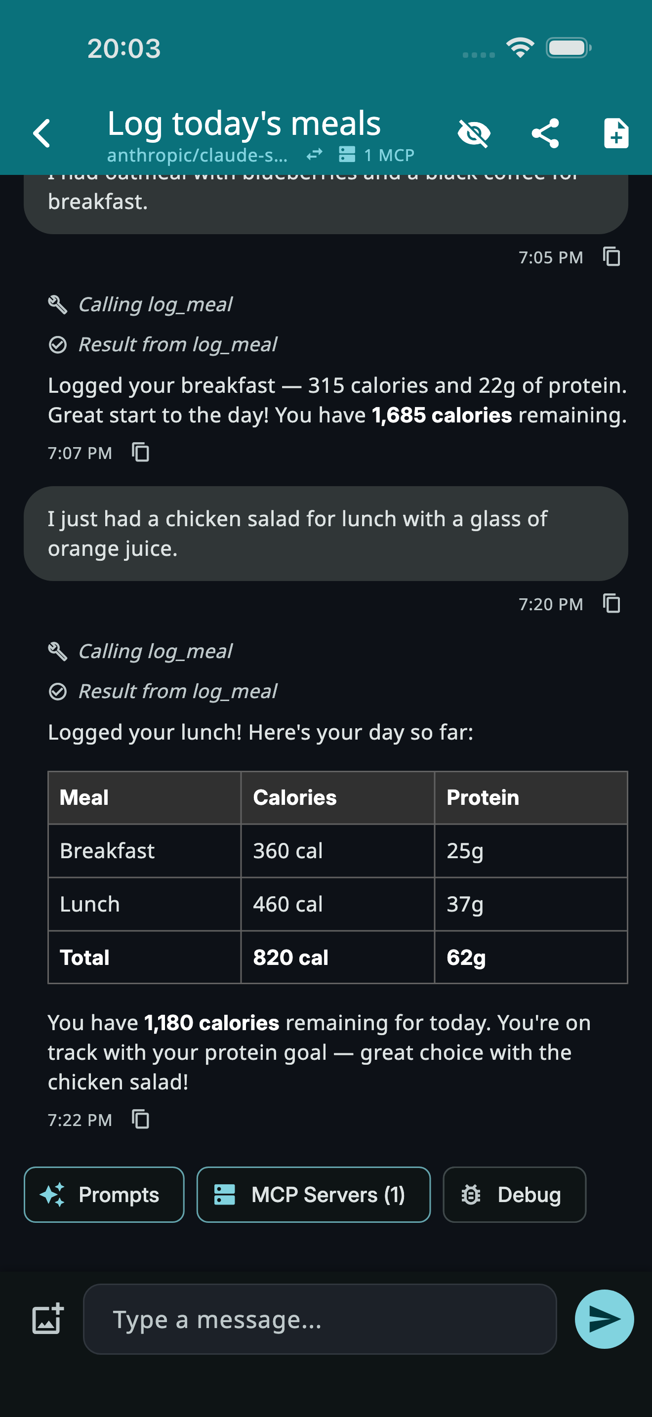 Nutrition tracking with MCP