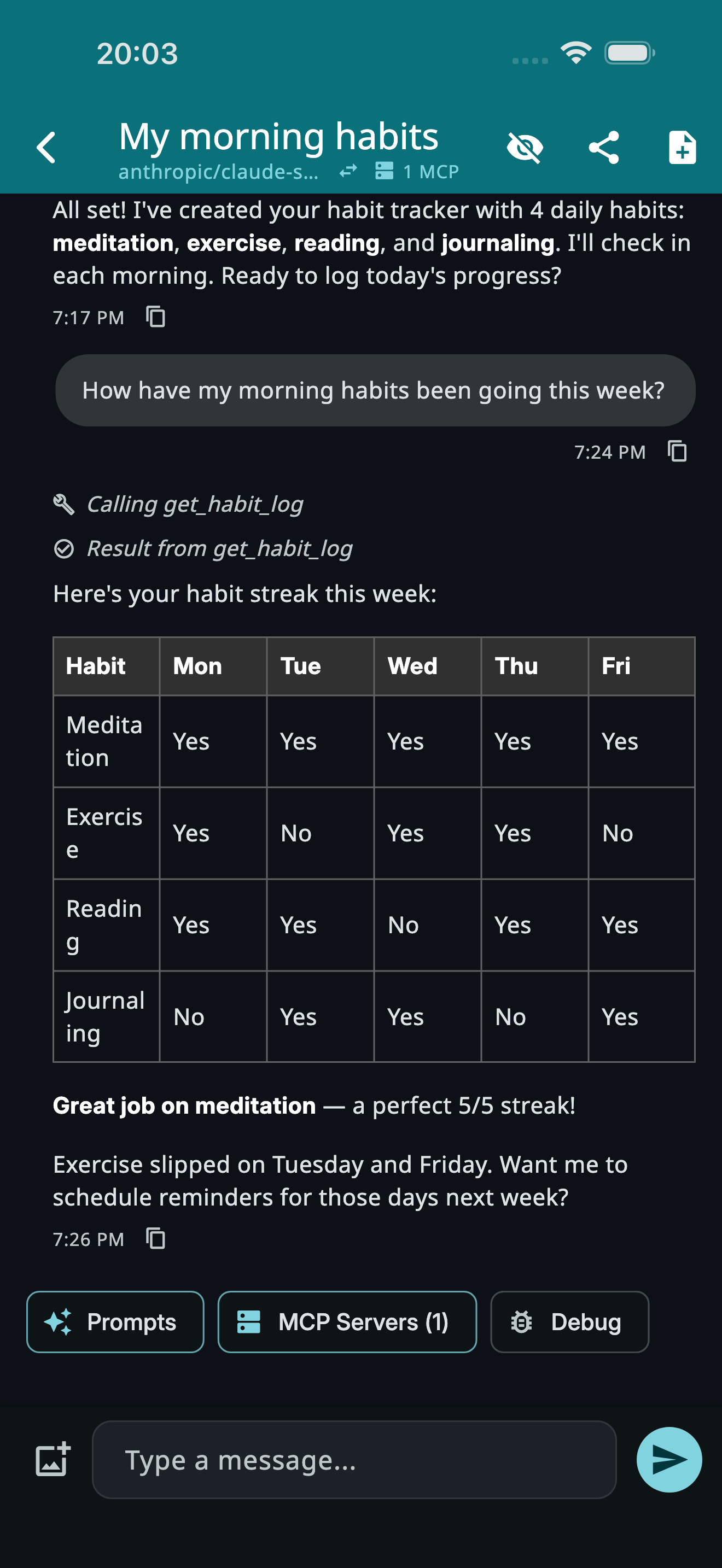 Habit tracking via MCP tools